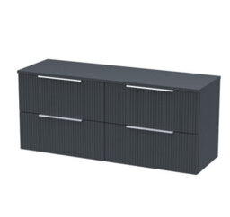 Hudson Reed Fluted Wall Hung 4-Drawer Vanity Unit & Black Laminate Worktop, Sleek Counter Top Vanity Unit In Soft Black, 1200mm