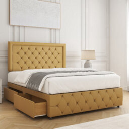 Bsspoke Lena Divan Bed Mustard Plush Velvet 24Inch Headboard & Footboard 2 Drawers Same Side No Mattress In 3Ft 4Ft 4Ft6 5Ft 6Ft - thumbnail 2