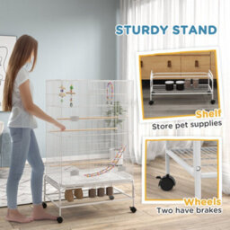 Pawhut Bird Cage With Stand, Wheels, Toys, For Budgies, Finches, White - thumbnail 7