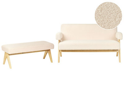 Wyld And Coco 2-Seater Sofa And Bench Set, Off-White Boucle With Light Brown Rubberwood Legs, 148Cm W - image 1