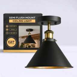 Ledsone Semi Flush Mount Ceiling Light Black Matte Metal Shade Antique Brass Fittings 18Cm Industrial Vintage Lamp - thumbnail 8