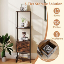 Gainoom 5-Tier Bookshelf With Drawer Tall Narrow Bookcase With Shelves - thumbnail 6