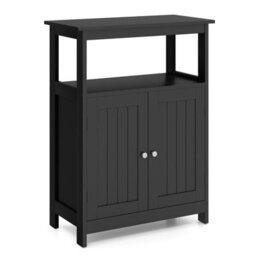 Costway Freestanding Storage Organizer Bathroom Floor Cabinet W/2 Doors-Black - thumbnail 9