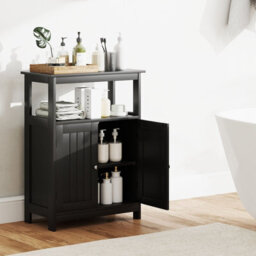 Costway Freestanding Storage Organizer Bathroom Floor Cabinet W/2 Doors-Black - thumbnail 8