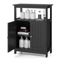 Costway Freestanding Storage Organizer Bathroom Floor Cabinet W/2 Doors-Black - thumbnail 1