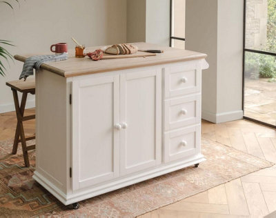 Statement Furniture Shire Breakfast Bar White Kitchen Storage Trolley With Oak Top Extendable Rolling Kitchen Island - image 1