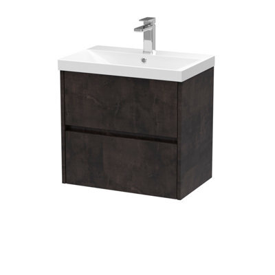 Nuie Havana Wall Hung 2 Drawer Vanity Basin Unit & Thin-Edge Ceramic Basin, Modern Sink Vanity Unit In Metallic Slate With White - image 1