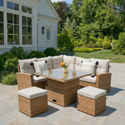 St. Tropez Garden Corner Sofa With Rising Glass Top Table,  Brown Grey, 6 Seats, Outdoor Rattan Furniture Set With Cushions