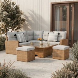 St. Tropez Garden Corner Sofa With Rising Glass Top Table,  Brown Grey, 6 Seats, Outdoor Rattan Furniture Set With Cushions - thumbnail 3