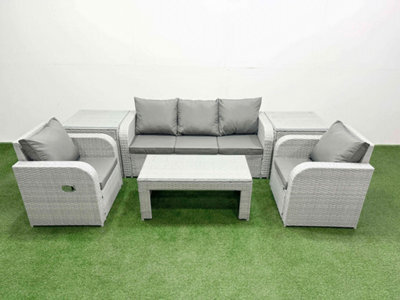 Fimous Pe Rattan Garden Furniture Set Reclining Chair Sofa Lounge Sofa Set Rectangular Coffee Table 2 Side Table Light Grey - image 1
