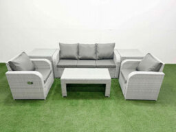 Fimous Pe Rattan Garden Furniture Set Reclining Chair Sofa Lounge Sofa Set Rectangular Coffee Table 2 Side Table Light Grey - thumbnail 2