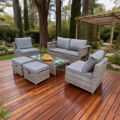 7 Pieces Pe Rattan Garden Sofa Set, 6 Seater, Glass Table, 2 Stools, Cushions - image 1