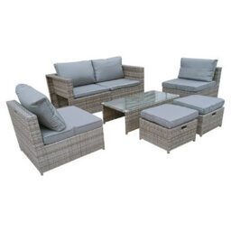 7 Pieces Pe Rattan Garden Sofa Set, 6 Seater, Glass Table, 2 Stools, Cushions - thumbnail 3