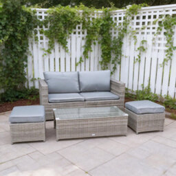 7 Pieces Pe Rattan Garden Sofa Set, 6 Seater, Glass Table, 2 Stools, Cushions - thumbnail 6