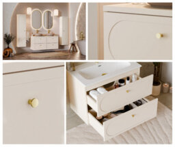 Impact Furniture Bathroom Vanity Unit 600mm Wall Sink Cabinet Floating Milled Drawers Beige Gold Luxury Retro Donna - thumbnail 8