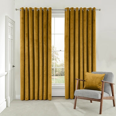 Moonlight Bedding Velvet Ring Top Curtains- Fully Lined Dim Out Blackout Pair, Ultra Soft Thermal Curtains (Ochre, 90 X 90 Inch) - image 1