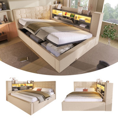 Btm 4Ft6 Double Upholstered Daybed 135  X 190 Cm, Hydraulic Storage Sofa Bed With Usb And Type C Charging, Linen, Beige - image 1