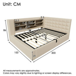 Btm 4Ft6 Double Upholstered Daybed 135  X 190 Cm, Hydraulic Storage Sofa Bed With Usb And Type C Charging, Linen, Beige - thumbnail 2
