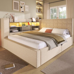 Btm 4Ft6 Double Upholstered Daybed 135  X 190 Cm, Hydraulic Storage Sofa Bed With Usb And Type C Charging, Linen, Beige - thumbnail 9