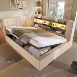 Btm 4Ft6 Double Upholstered Daybed 135  X 190 Cm, Hydraulic Storage Sofa Bed With Usb And Type C Charging, Linen, Beige - thumbnail 8