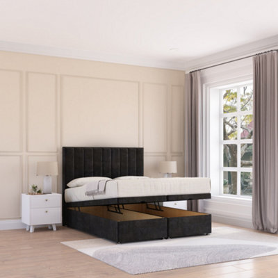 Sloomy Kansas End Lift Ottoman Bed 5Ft With Sprung Memory Mattress - Black Plush & Headboard- King - image 1