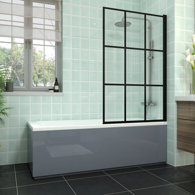 Rinse bathrooms Rinse Single Ended 1700X700mm Bath + Gloss Grey Front Wood Bath Panel + Black Grid Square Bath Screen - image 1