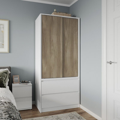 Urbn-Living Urbnliving 2 Sliding Doors Wardrobe 2 Drawer Bedroom Clothes Hanging Rail White Carcass With Oak Doors Storage Cupboard - image 1