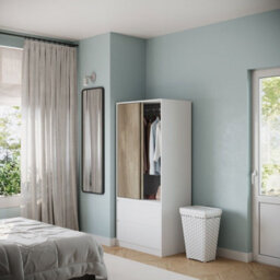 Urbn-Living Urbnliving 2 Sliding Doors Wardrobe 2 Drawer Bedroom Clothes Hanging Rail White Carcass With Oak Doors Storage Cupboard - thumbnail 2
