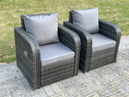 Fimous 2 Pc Dark Grey Mixed Reclining Curved Rattan Garden Chair Patio Outdoor With Cushion - thumbnail 1
