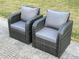 Fimous 2 Pc Dark Grey Mixed Reclining Curved Rattan Garden Chair Patio Outdoor With Cushion - thumbnail 2