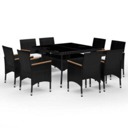 Berkfield 9 Piece Garden Dining Set Poly Rattan And Tempered Glass Black - thumbnail 2