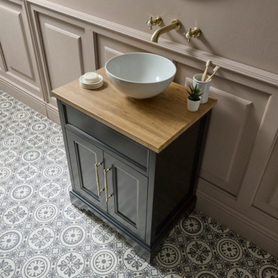 Homestylestore Black Grey And Oak 645mm Bathroom Vanity Unit With Round Countertop Basin And Brushed Brass T Bar Handles - image 1