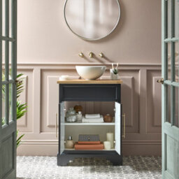 Homestylestore Black Grey And Oak 645mm Bathroom Vanity Unit With Round Countertop Basin And Brushed Brass T Bar Handles - thumbnail 2