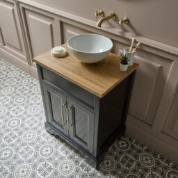 Homestylestore Black Grey And Oak 645mm Bathroom Vanity Unit With Round Countertop Basin And Brushed Brass T Bar Handles - thumbnail 3