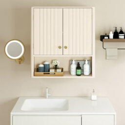 Costway Fluted Bathroom Wall Cabinet 2-Door Medicine Cabinet-Beige - thumbnail 3