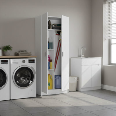 Amos Mann Furniture Tall White 2 Door Utility Universal Storage Cupboard White - image 1