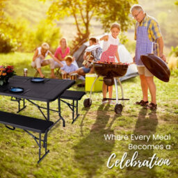 Novecrafto 6Ft Folding Table & 2 Folding Benches Set - Heavy-Duty Black Hdpe, Steel Frames, Wood Grain Pattern, Indoor/outdoor Use - thumbnail 7