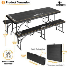 Novecrafto 6Ft Folding Table & 2 Folding Benches Set - Heavy-Duty Black Hdpe, Steel Frames, Wood Grain Pattern, Indoor/outdoor Use - thumbnail 3