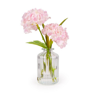 Candlelight Pink 21Cm Hydrangeas Artificial Floral Arrangement In Clear Ribbed Glass Vase - image 1