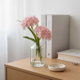 Candlelight Pink 21Cm Hydrangeas Artificial Floral Arrangement In Clear Ribbed Glass Vase - thumbnail 4