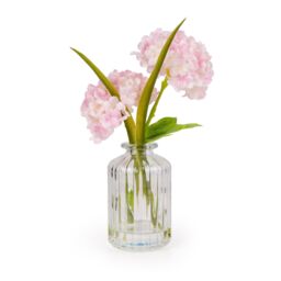 Candlelight Pink 21Cm Hydrangeas Artificial Floral Arrangement In Clear Ribbed Glass Vase - thumbnail 2