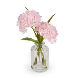 Candlelight Pink 21Cm Hydrangeas Artificial Floral Arrangement In Clear Ribbed Glass Vase - thumbnail 3