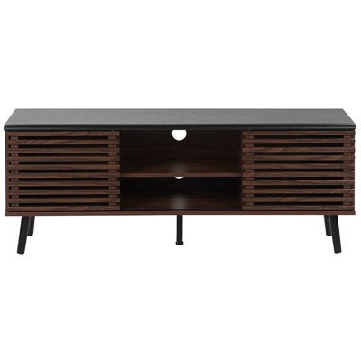 Beliani Retro Tv Stand Dark Brown - Supports Up To 63 Inch Tv, Slatted Sliding Doors, Solid Wood Legs - image 1