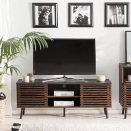 Beliani Retro Tv Stand Dark Brown - Supports Up To 63 Inch Tv, Slatted Sliding Doors, Solid Wood Legs - thumbnail 2