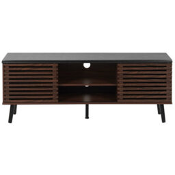 Beliani Retro Tv Stand Dark Brown - Supports Up To 63 Inch Tv, Slatted Sliding Doors, Solid Wood Legs - thumbnail 1