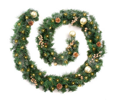 Best Artificial 9Ft Frosted Gold Decorated Christmas Garland Supplied With 80 Bright White Battery Leds Banister - image 1