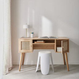 Sweeek - 2-Door Desk With Wood And Cane Effect Boheme Natural 120X55X76.5 Cm