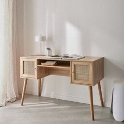 Sweeek - 2-Door Desk With Wood And Cane Effect Boheme Natural 120X55X76.5 Cm - thumbnail 5