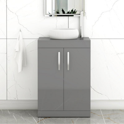 Royal Bathrooms Turin 600mm Freestanding Bathroom Vanity Unit With Sink 2 Door Indigo Grey Gloss & Milan Countertop Basin - image 1