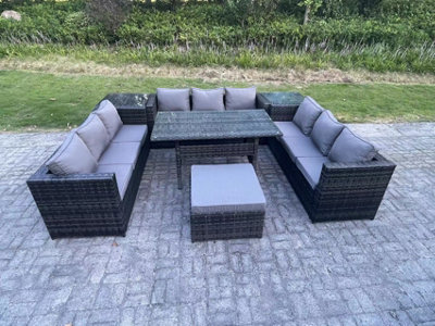 Fimous Outdoor Pe Wicker Garden Furniture Rattan Lounge Sofa Set Patio Rectangular Dining Table With Big Footstool 2 Side Table - image 1